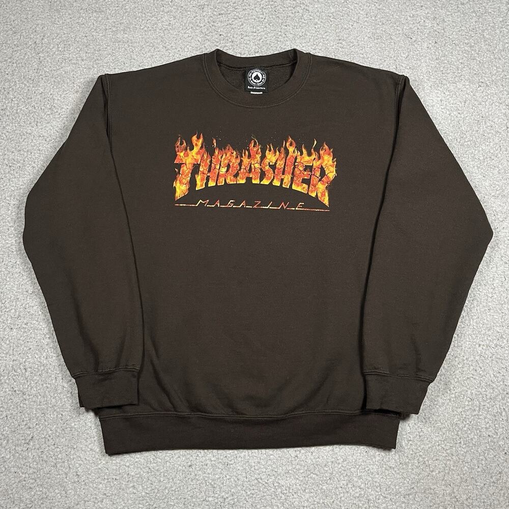 Thrasher Magazine Sweatshirt Mens M Brown Flame Graphic Crewneck Skateboard